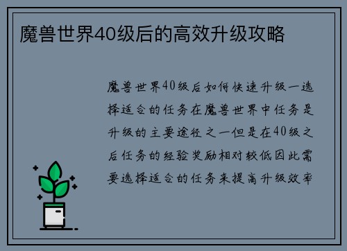 魔兽世界40级后的高效升级攻略